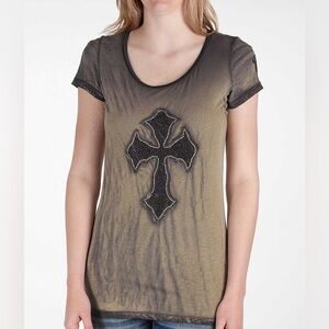 Women's Black and Brown Cross Embellished Top